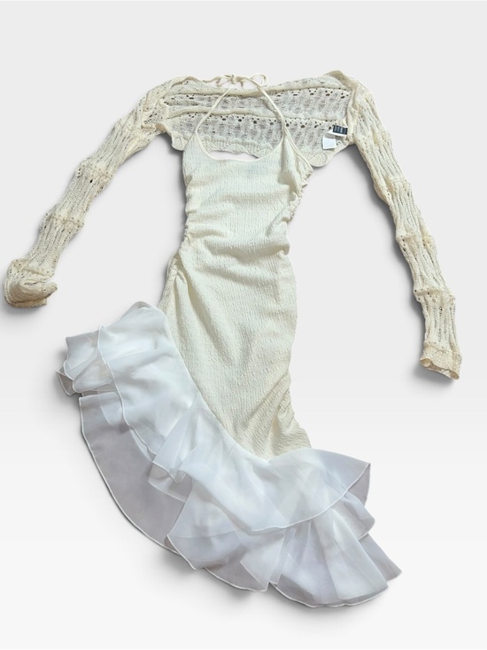 White Fox Boutique Dresses & Skirts - White Fox Boutique Ruffle Halter Dress & Shein Crochet Cardigan Set Cream